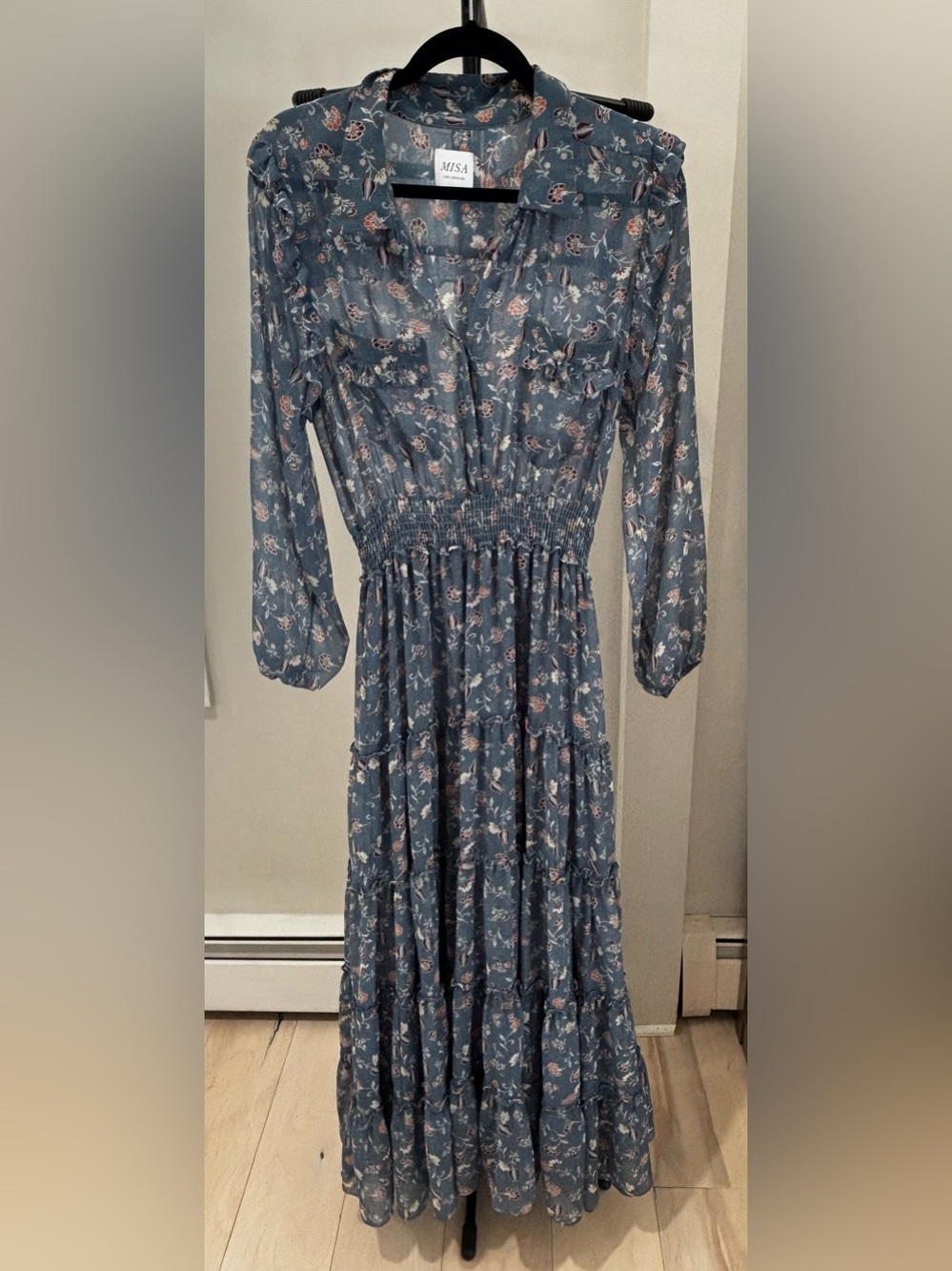 MISA Los Angeles Aydeniz Blue Floral Smocked Tiered Maxi Dress Size L